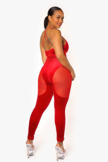 Mono de terciopelo rojo y transparente